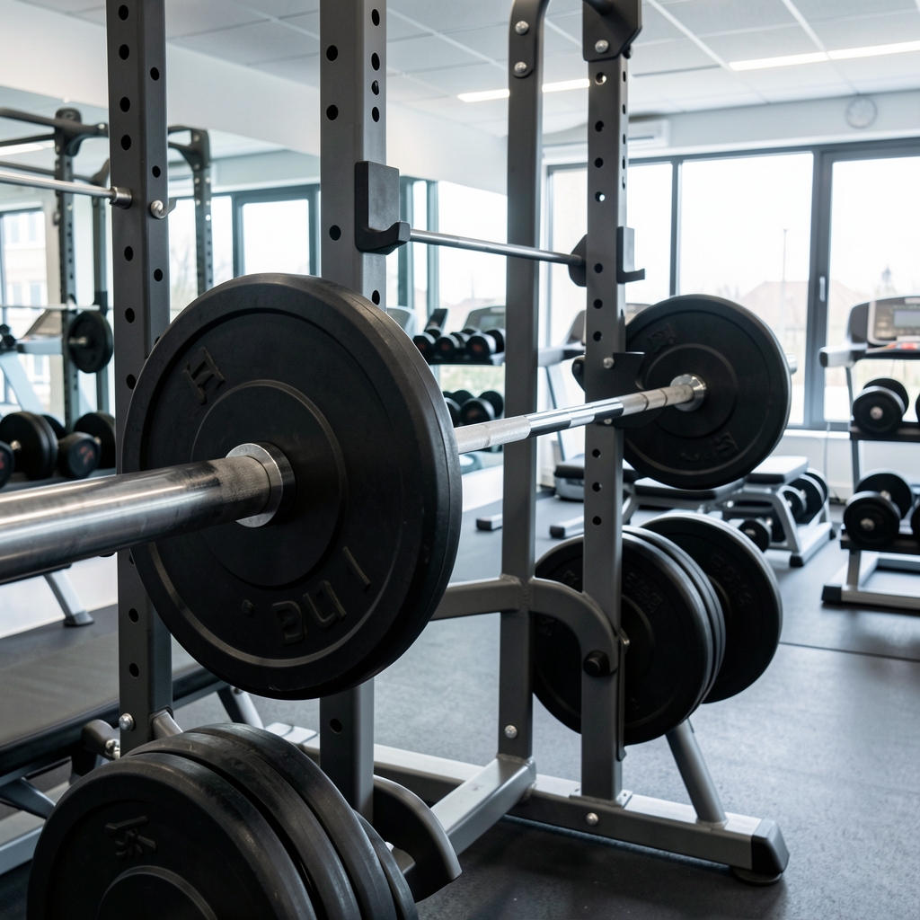 Close-up of a barbell loaded with weight plates on a rack inside a clean Brussels training studio, under bright controlled lighting