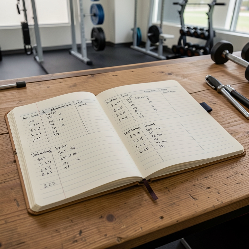 Open training log notebook on a wooden desk in a coaching studio, handwritten session notes showing sets, reps, and load progressions over four weeks