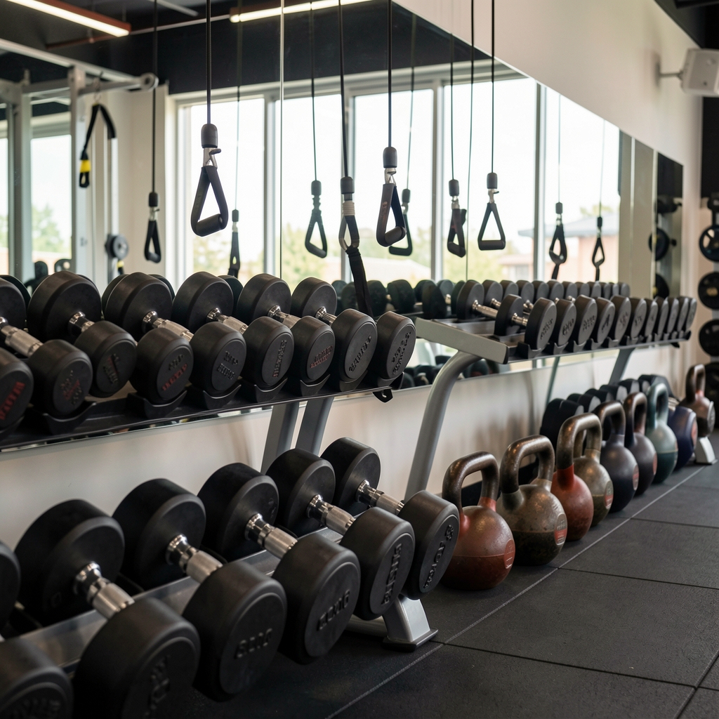Detail shot of resistance training equipment arranged along a mirrored wall in the Ralev Brussels studio — dumbbells on rack, cable attachment points, kettlebells in ascending weight order
